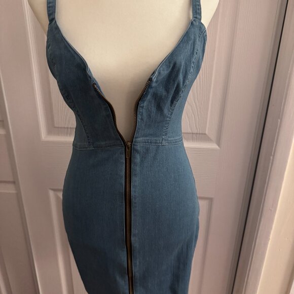 Haute Monde Denim Bodycon Zip Front Mini Dress Size M - Picture 11 of 12